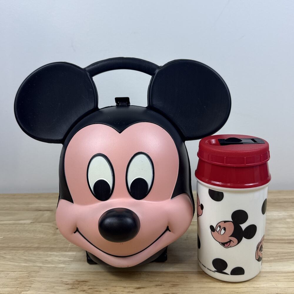 Vintage 80s Disney Mickey Mouse Head Plastic Lunch Box & Thermos Aladdin USA